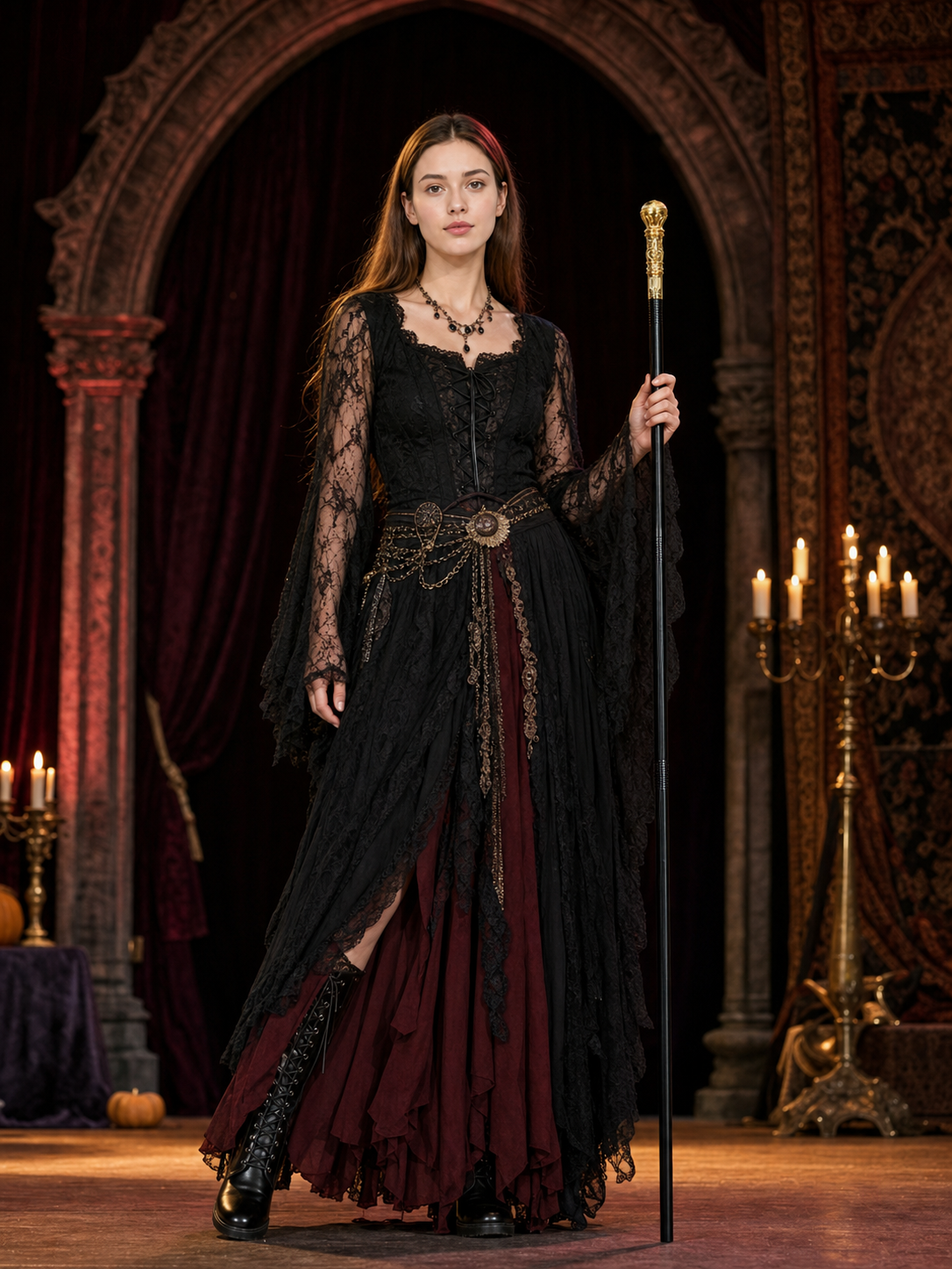 Black-shafted gold handled scepter held by a woman in a long black and burgundy gothic dress on a candlelit stage