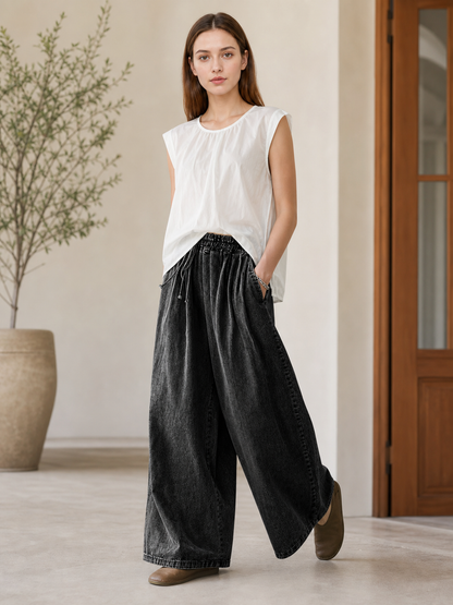 Black wide-leg denim pants with drawstring