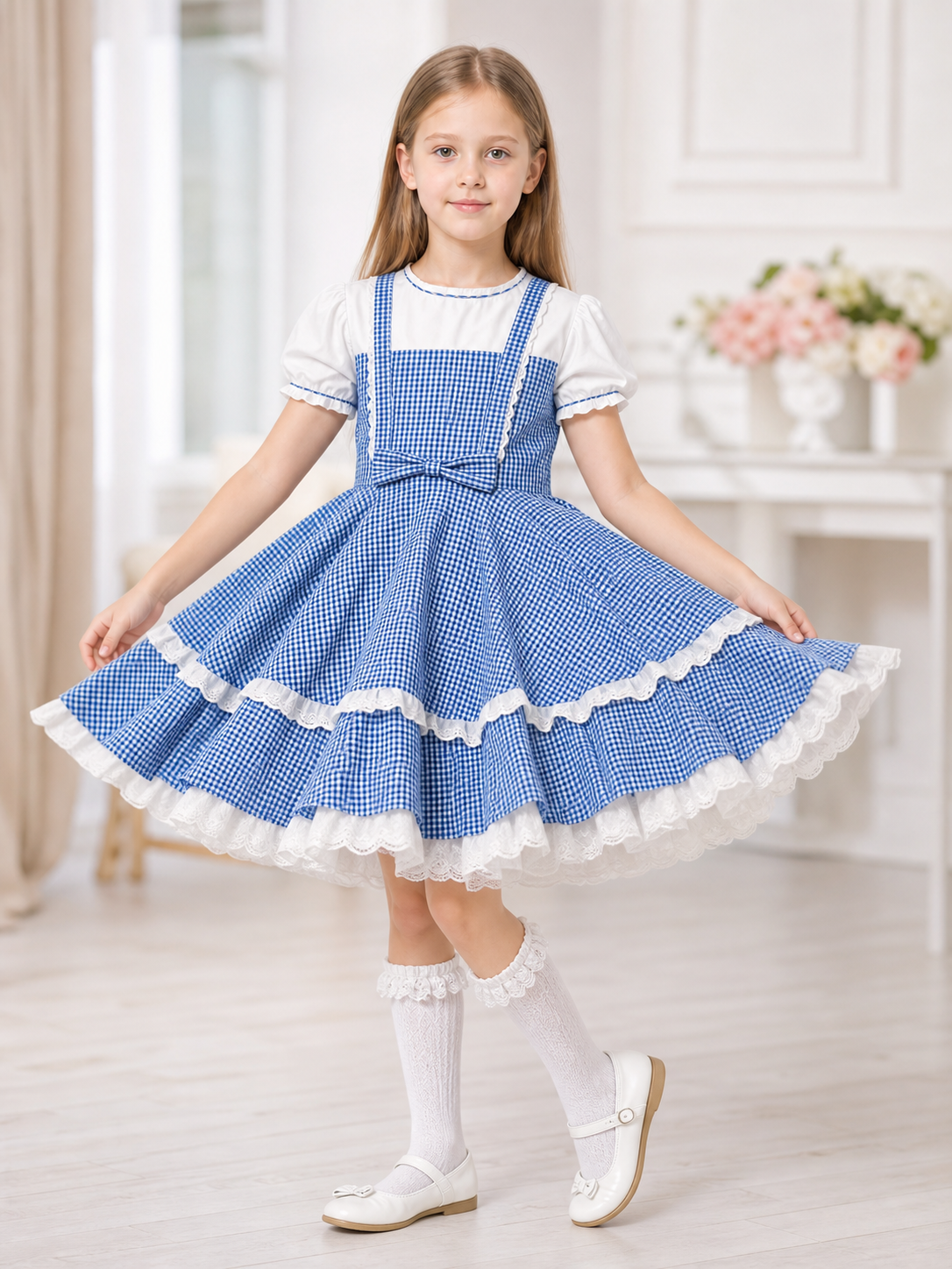 Retro-style plaid dress with socks and bows