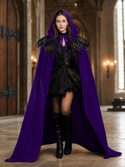 Purple Velvety Hooded Cape with Feathers