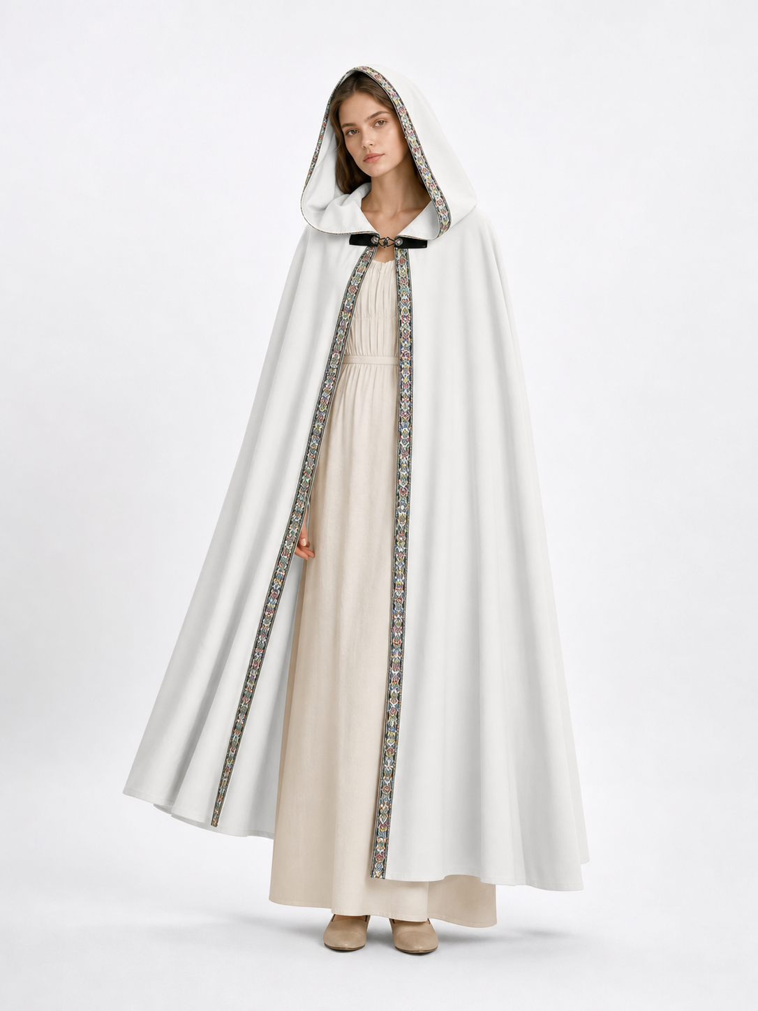 White Medieval Hooded Costume Cloak