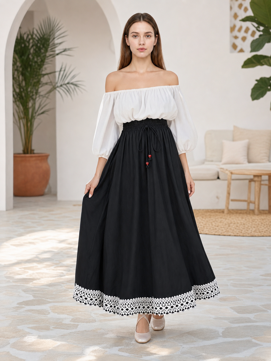 Black boho lace maxi skirt
