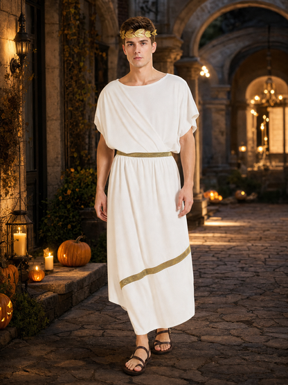 Adult Men's Ancient Greek Costume Set, 3pcs Draped Robe With Gold Trim, Waist Belt And Laurel Wreath For Cosplay Theme Parties