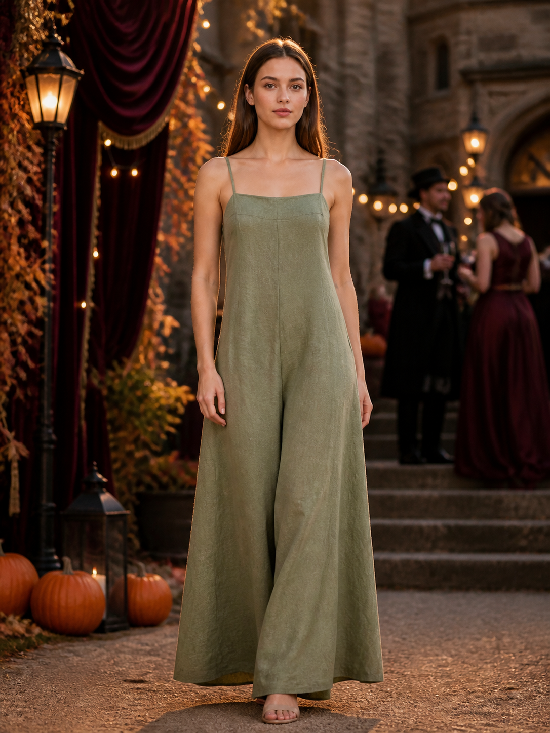 Olive green wide-leg jumpsuit with thin straps, shown full-body on a model in a dim outdoor setting with pumpkins and lanterns