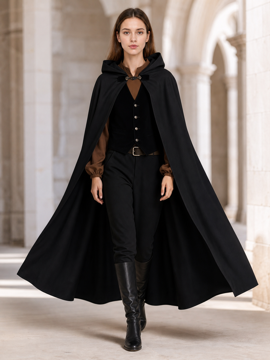 Long black hooded carnival cloak