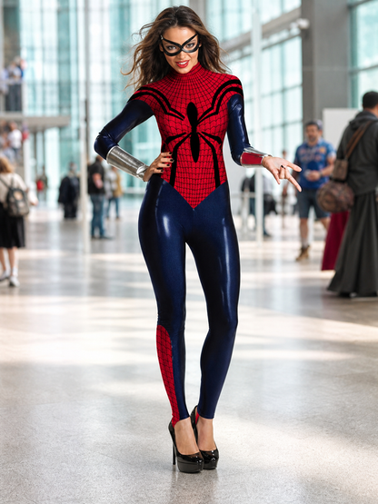 Superhero cosplay bodysuit with spider print and mask