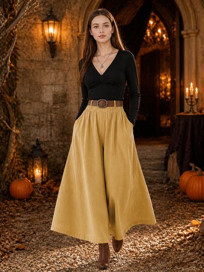 Apricot Wide Leg Pants, Elastic Waist Long Trousers with Two Side Pockets lifestyle view 2