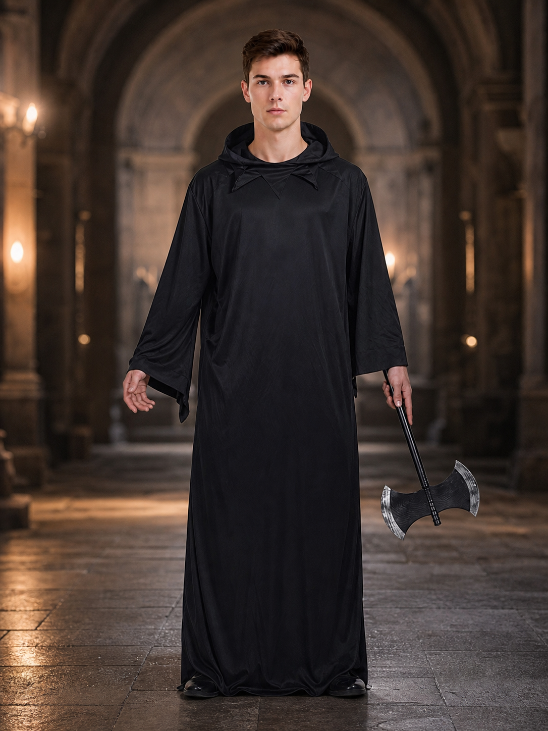 Dark fantasy costume with hood and axe