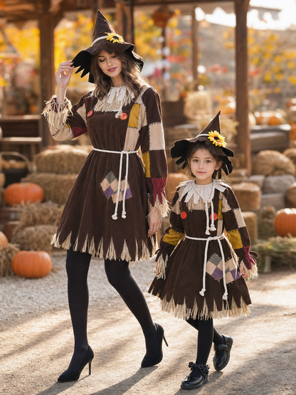 Scarecrow Costume with Patchwork Trim and Hat