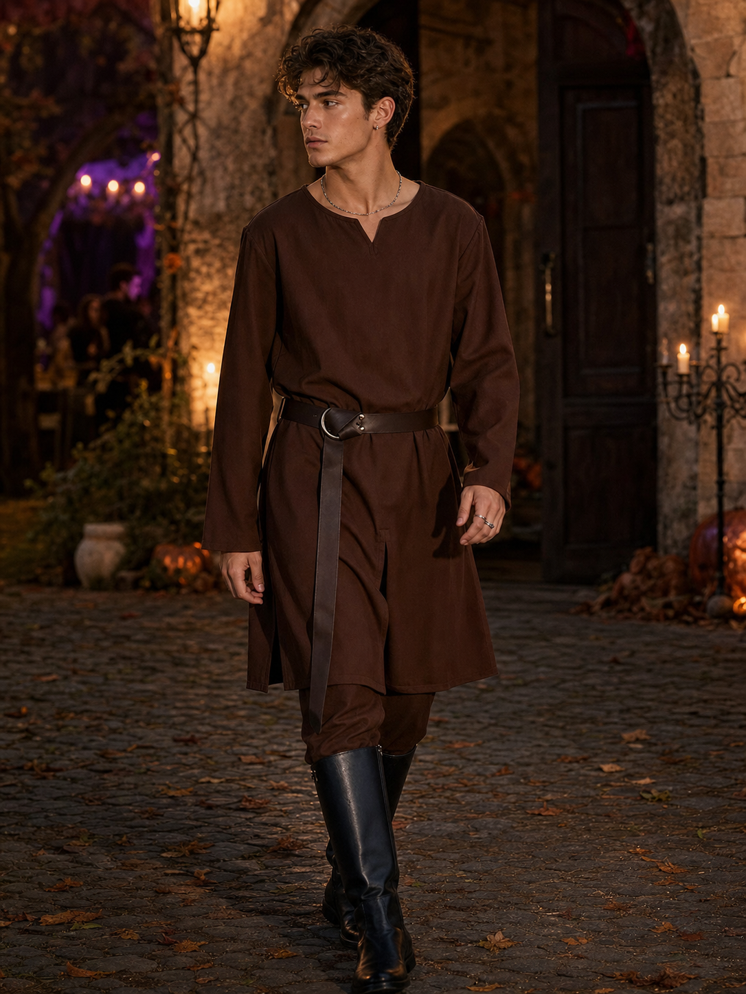 Kids Medieval Fantasy Halloween Costume Set, Long Sleeve Loose Fit Tunic Robe with Belt, Pants and Black Boots for Dress Up Play