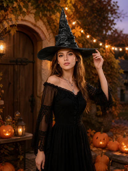 Black Halloween Witch Hat Pointed Wide Brim Ruched Crown With Silver-White Dot Embellishments Costume Accessory