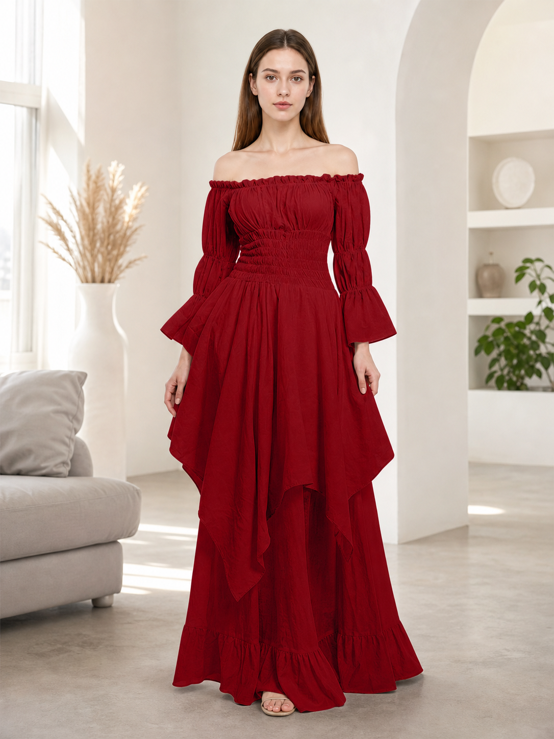 Retro-Style Off-Shoulder Burgundy Dress