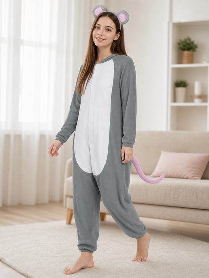 Adult Gray Mouse Costume Set with White Belly, Pink Tail and Mouse-Ear Headband for Costume Parties, Cosplay and Themed Events
