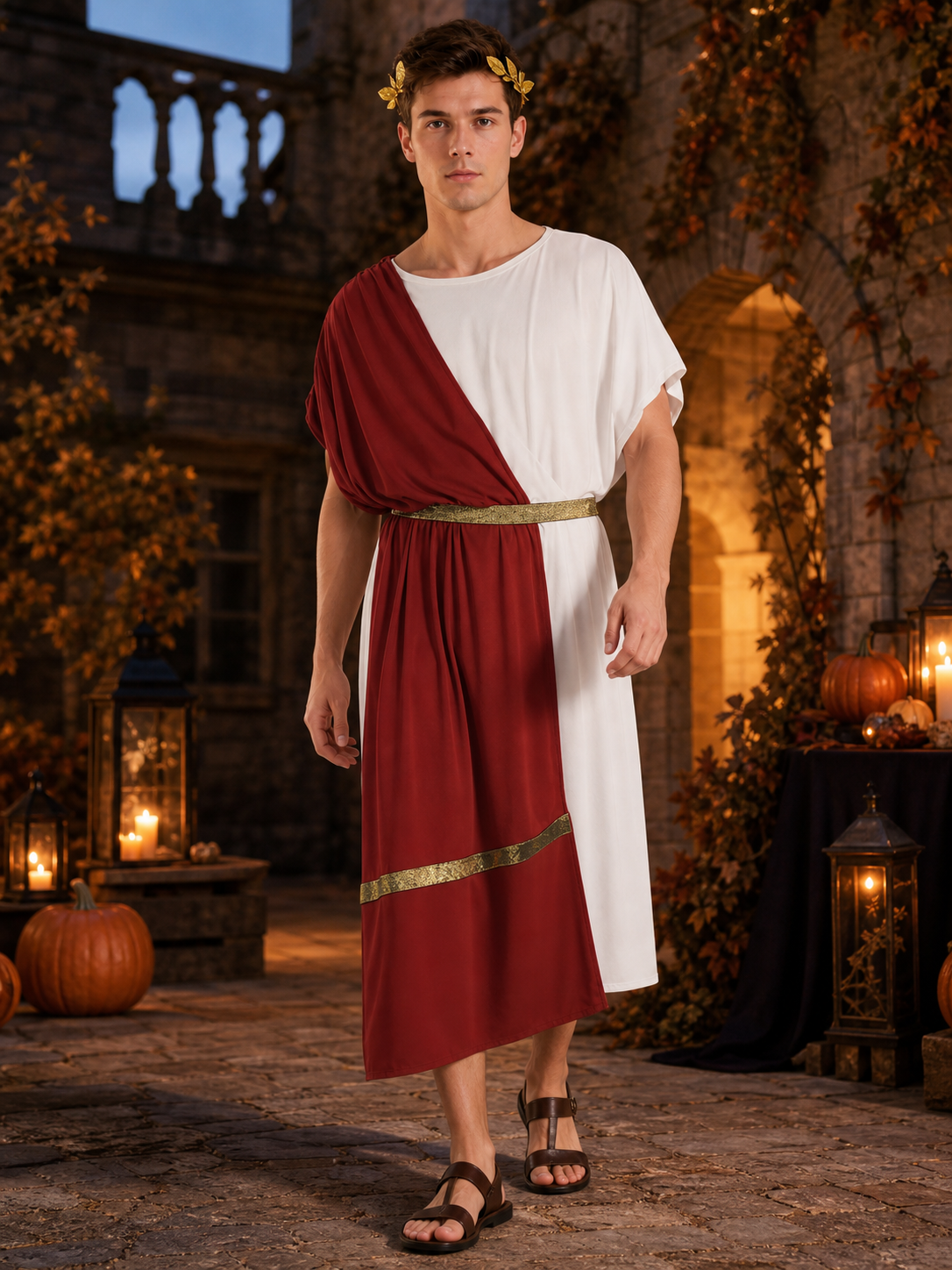 Men's Ancient Greek Costume, Red And White Draped Tunic With Gold Belt And Laurel Headpiece For Cosplay, Stage Events
