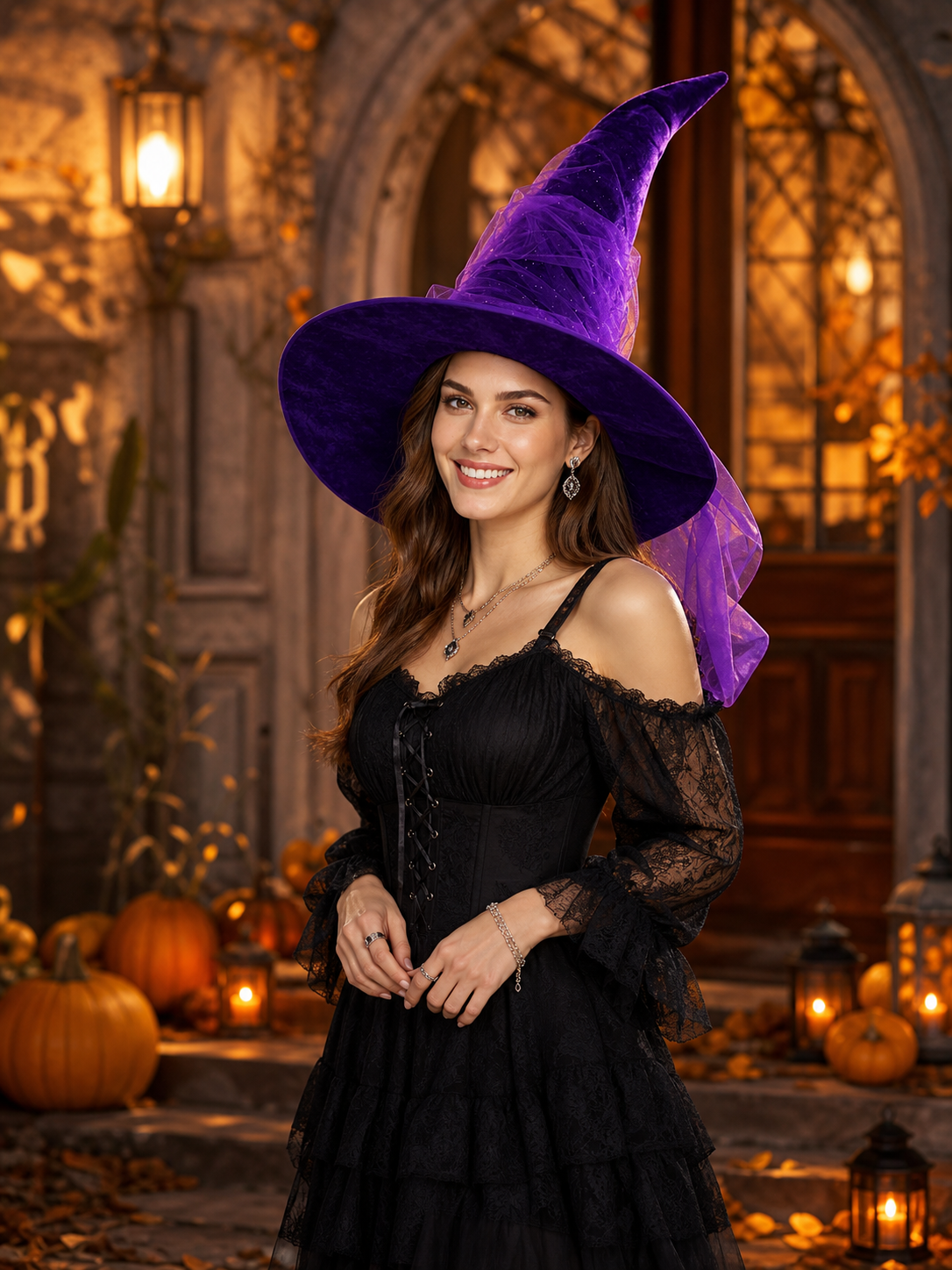 1pc Purple Halloween Witch Hat Wide Brim Crooked Pointed Crown With Sheer Mesh Veil Glitter Detail Costume Accessory