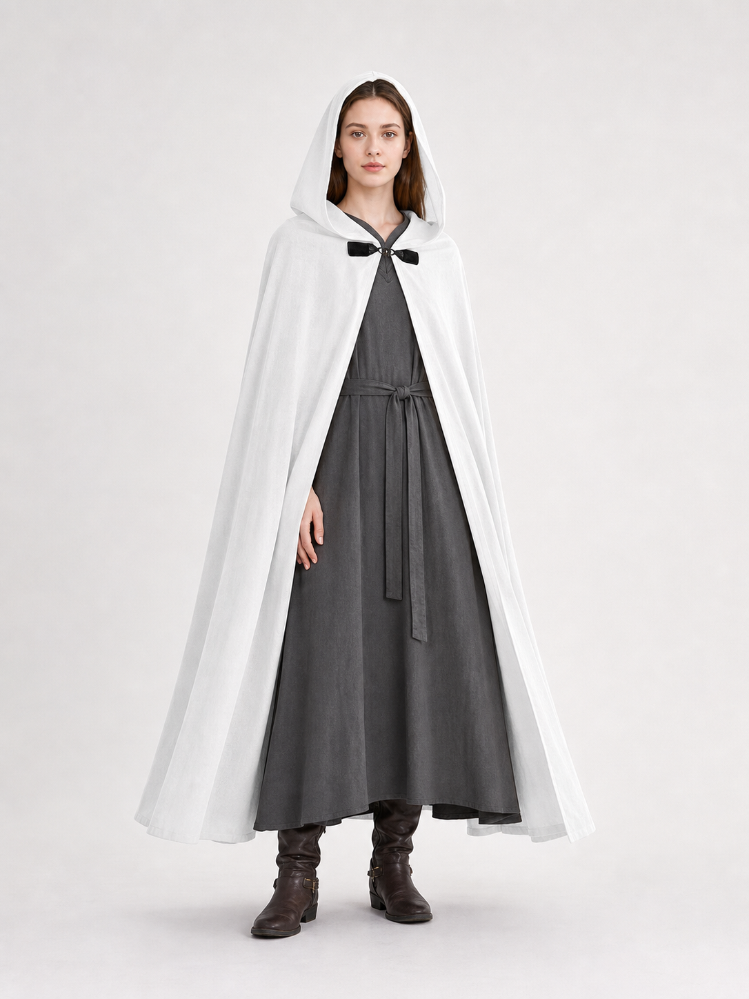 Full-Length White Hooded Cape with Oversized Hood and Black Bow Closure for Fantasy Medieval Cosplay and Stage Performances