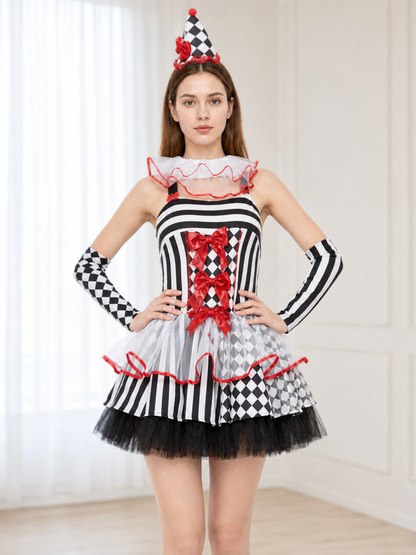Clown Carnival Costume: Dress, Gloves, and Cap