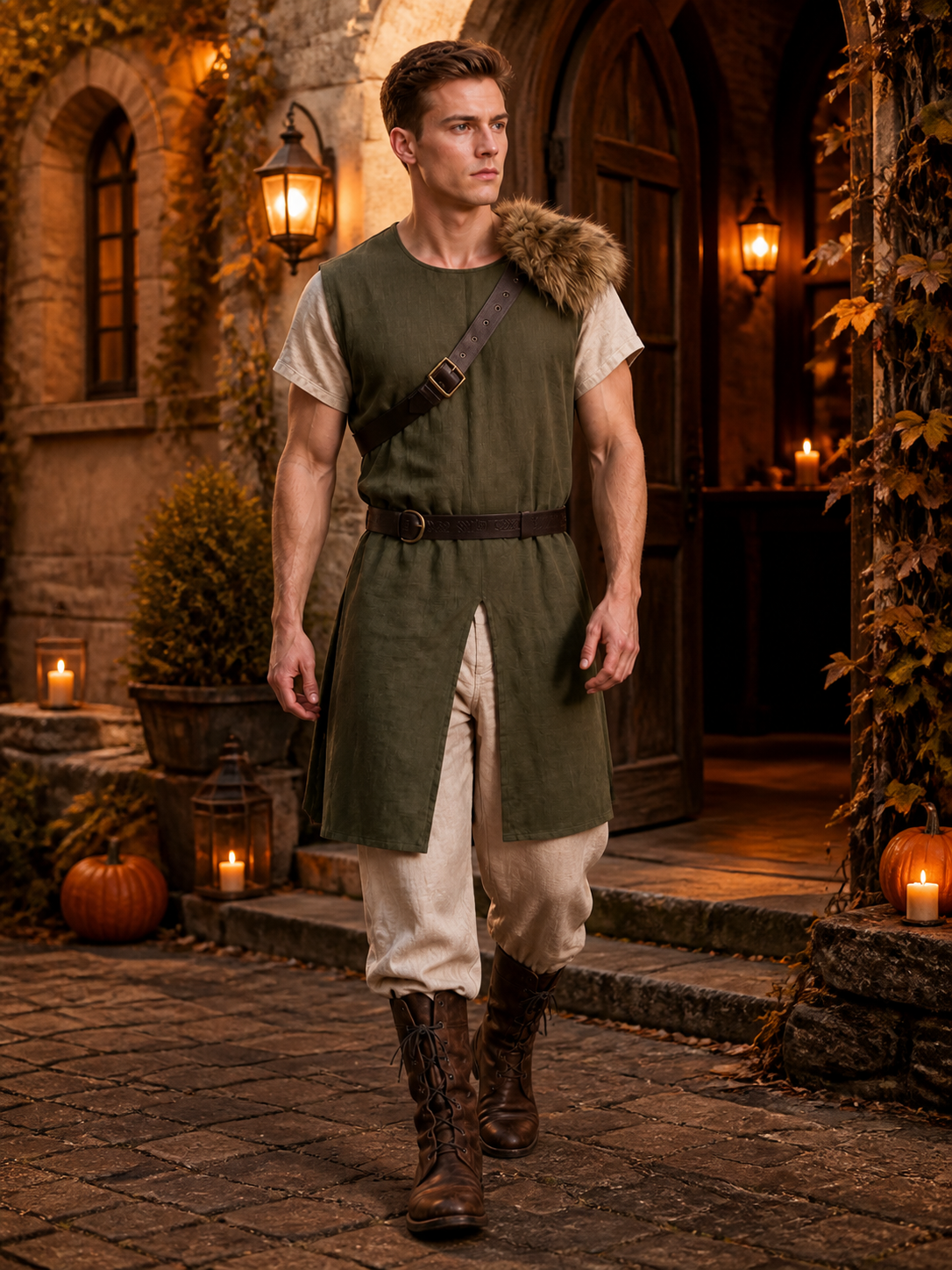 Full-body model wearing a green fur-trimmed belted vest over cream trousers in a candlelit stone courtyard