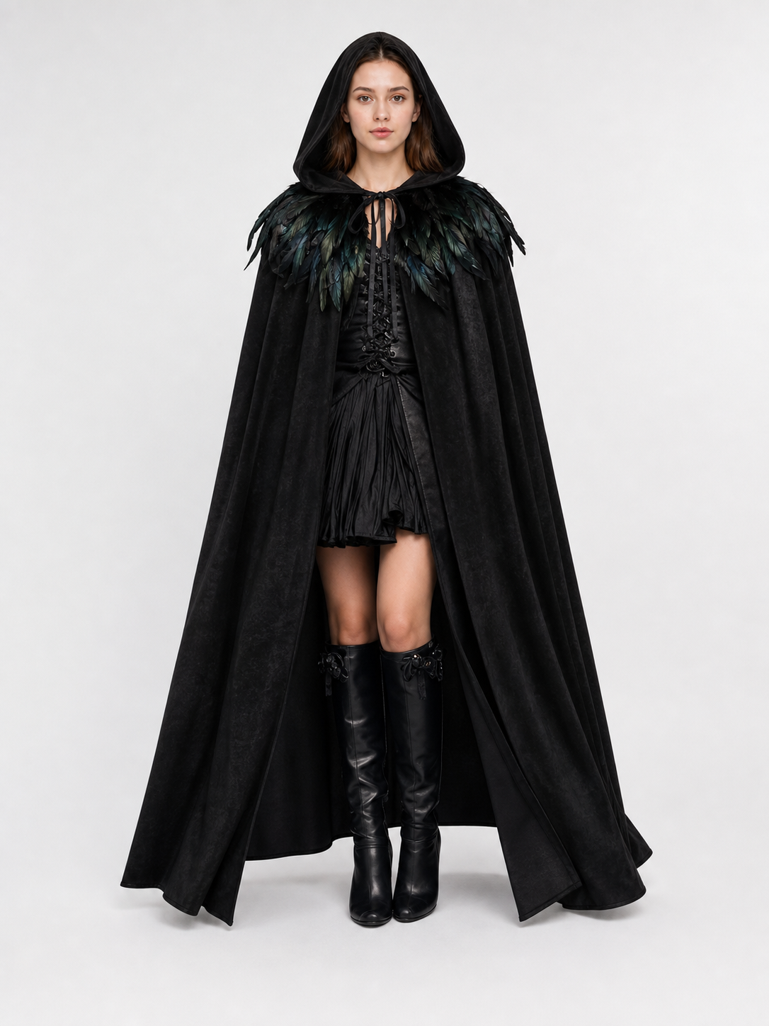 Black Velvet Hooded Cape with Feathers