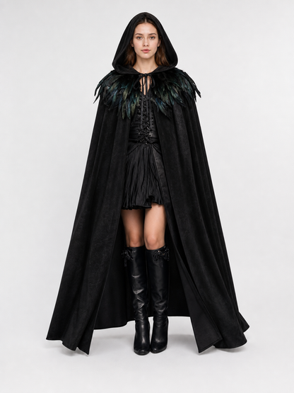 Black Velvet Hooded Cape with Feathers