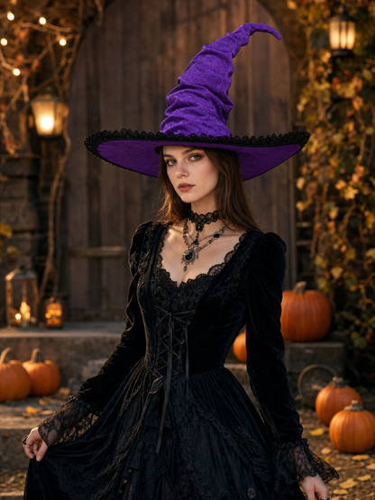 Purple Halloween Witch Hat Pointed Wide Brim Gothic Costume Accessory With Black Lace-Like Trim For Cosplay Themed Parties