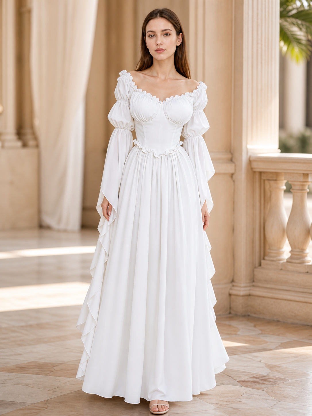 White vintage-style dress with puff sleeves