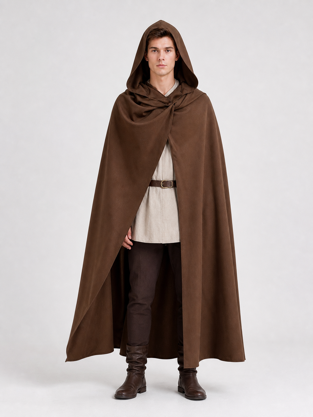 Medieval Fantasy Hooded Cloak, Deep Brown Long Draped Cape with Overlapping Front and Pointed Hem for Role Play, Stage Styling and Outdoor Wear