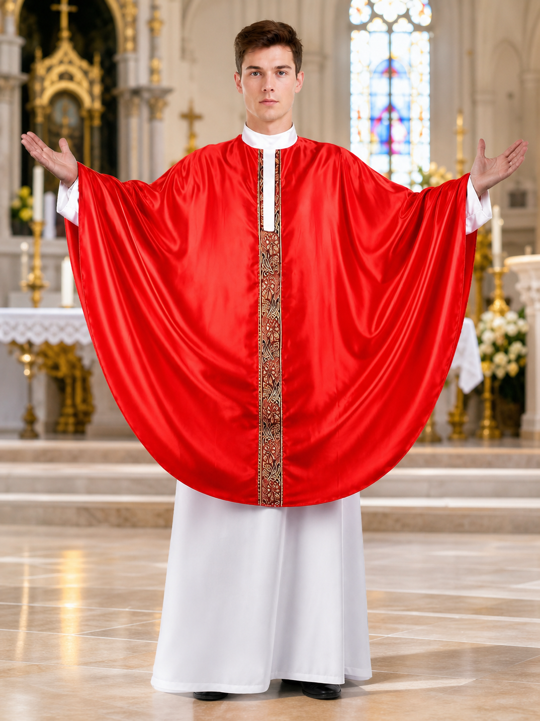 Papal-Style Ceremonial Costume Set With Red Robe, White Undergarment And Pointed Mitre Hat For Stage, Film And Themed Events