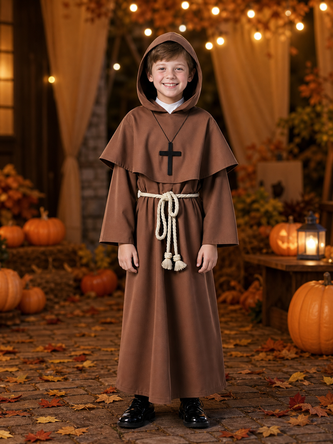 Brown hooded costume with cross
