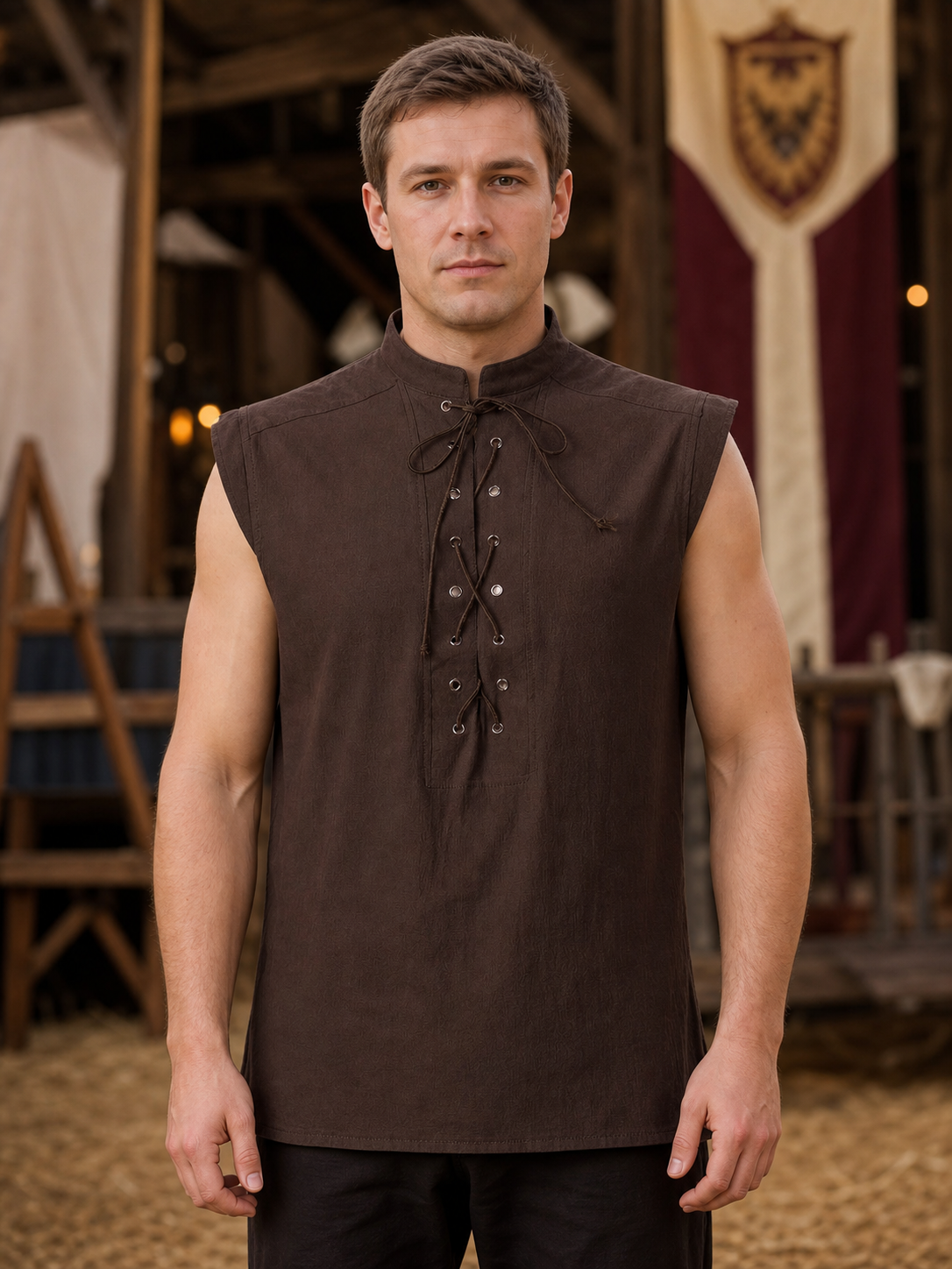Halloween Sleeveless Lace-Up Vest with Stand Collar