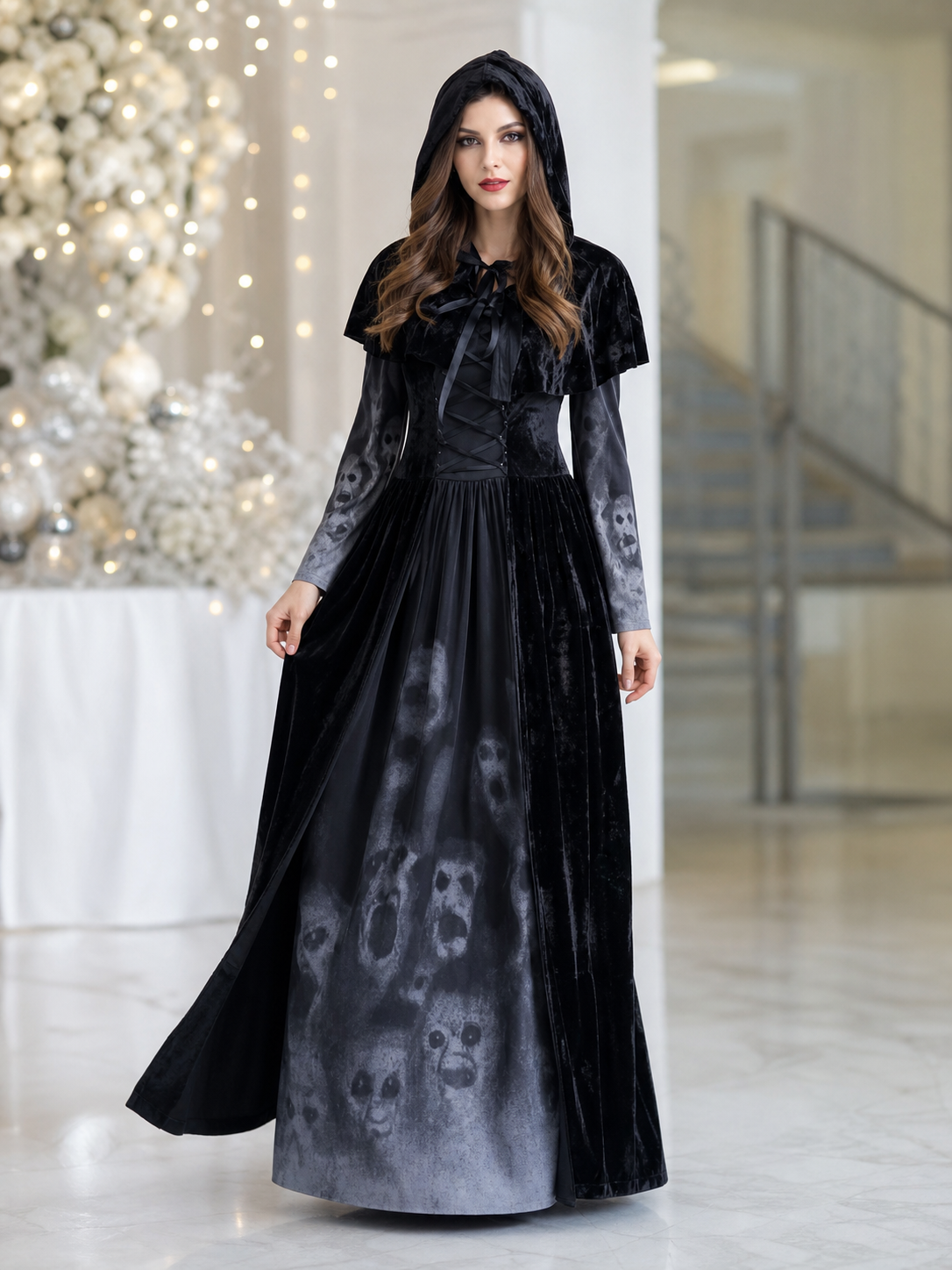 Gothic Hooded Floor-Length Dress with Skull Print