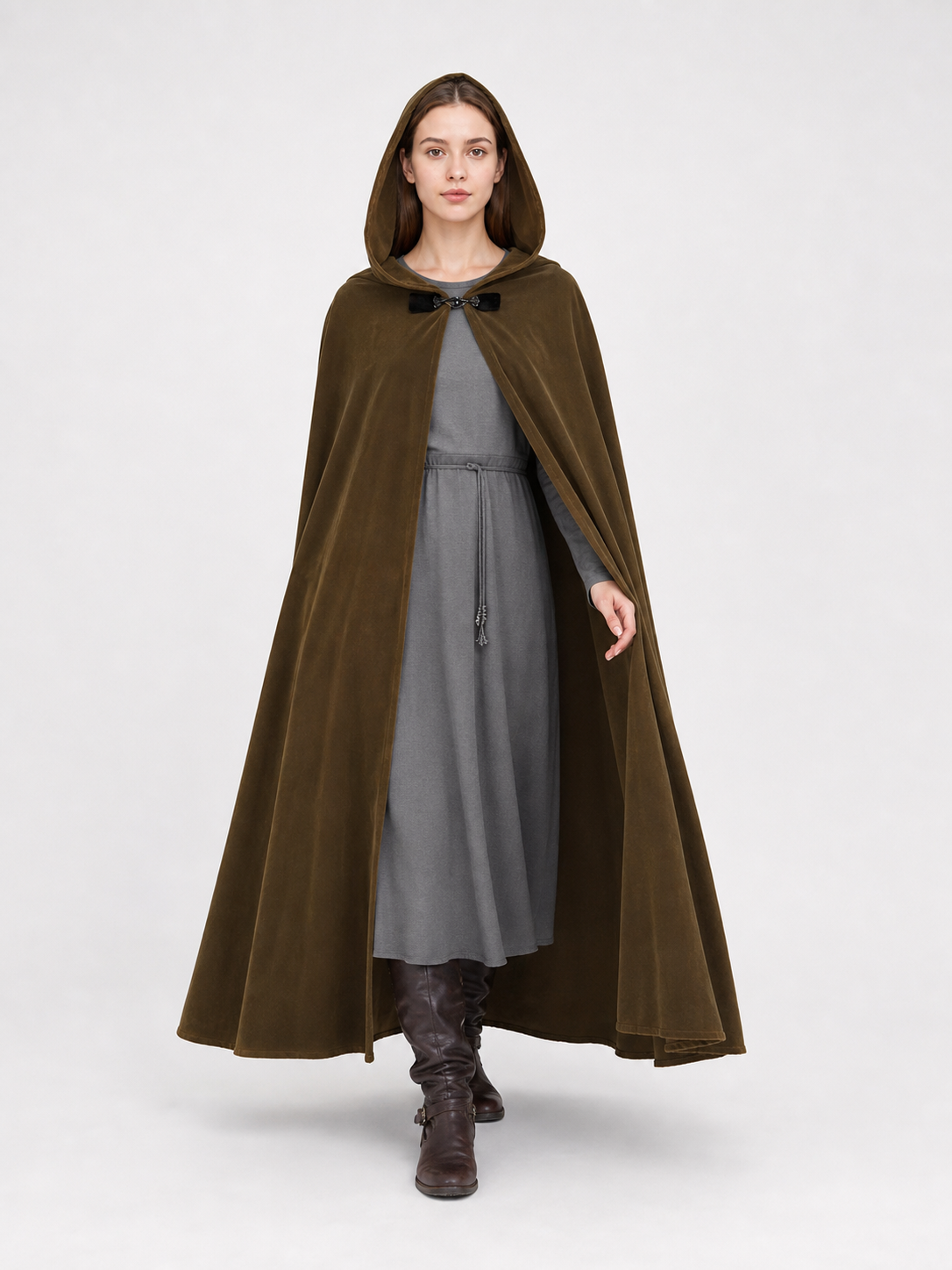 Medieval Fantasy Long Hooded Cloak with Oversized Hood, Flared Open Front Cape for Cosplay Costume Parties and Themed Events
