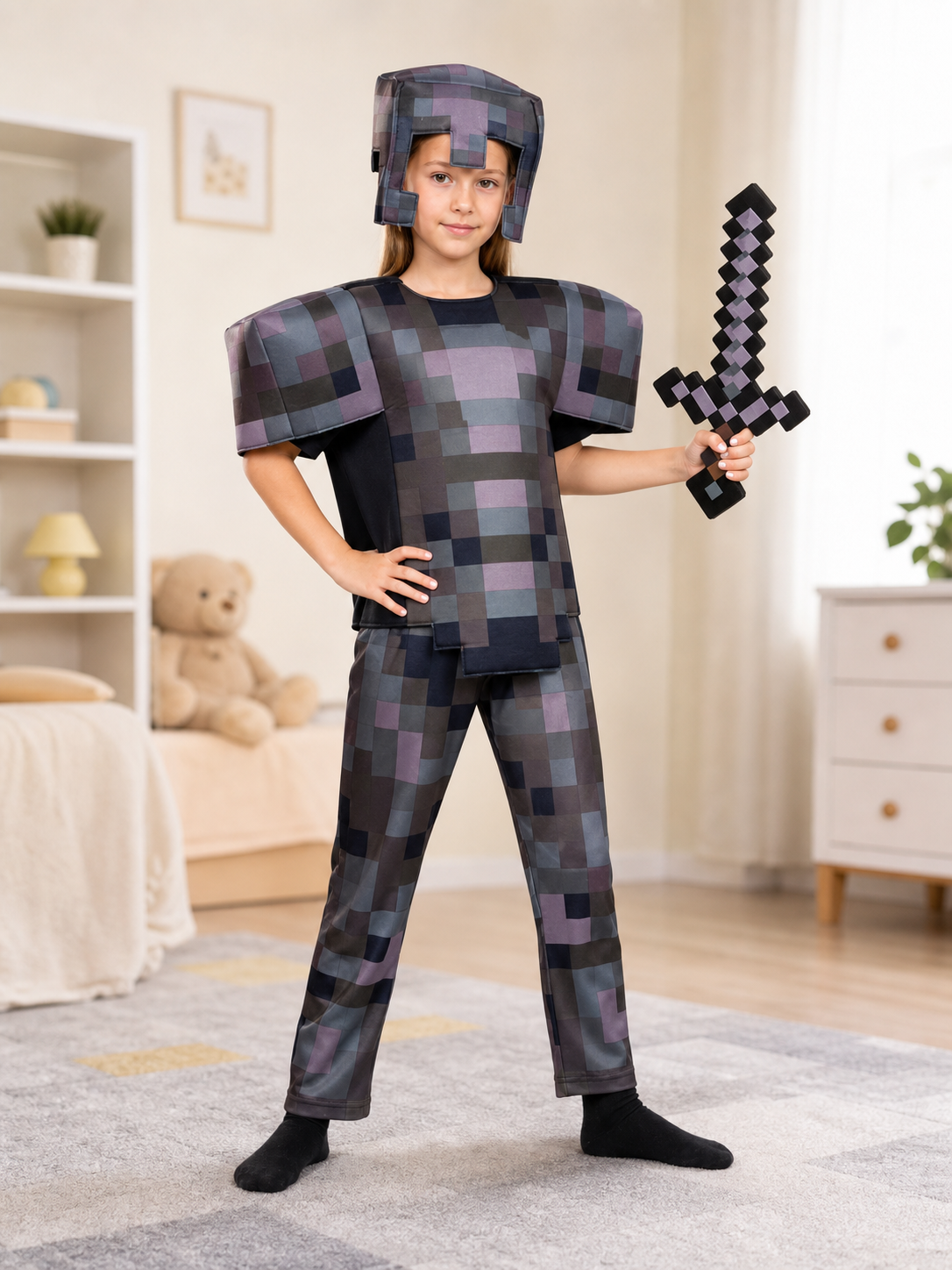 Pixel Cosplay Costume with Helmet and Sword