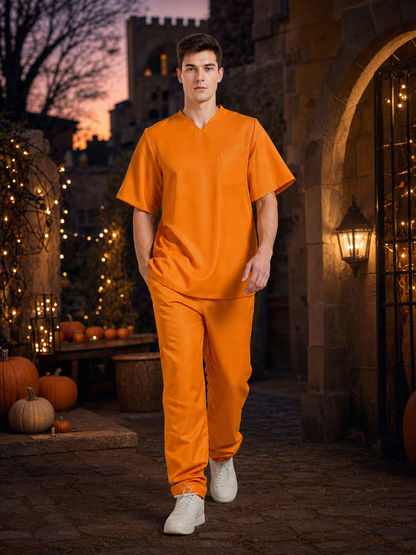Men's Orange Prison Costume Two-Piece Set, Short-Sleeve Top With Chest Pocket And Matching Long Pants For Role Play