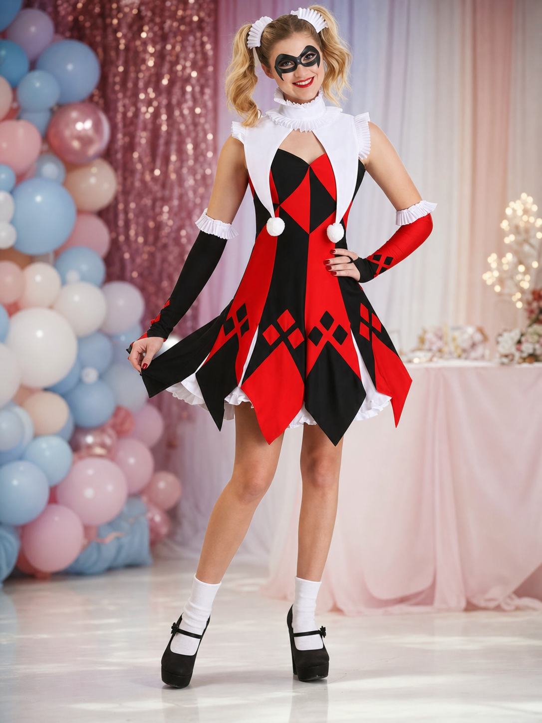 Harlequin cosplay dress with collar and cuffs