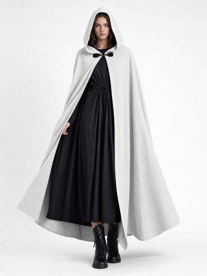 Medieval White Velvet Hooded Long Cloak Cape with Black Bow Tie Front Flared Hem lifestyle view 2