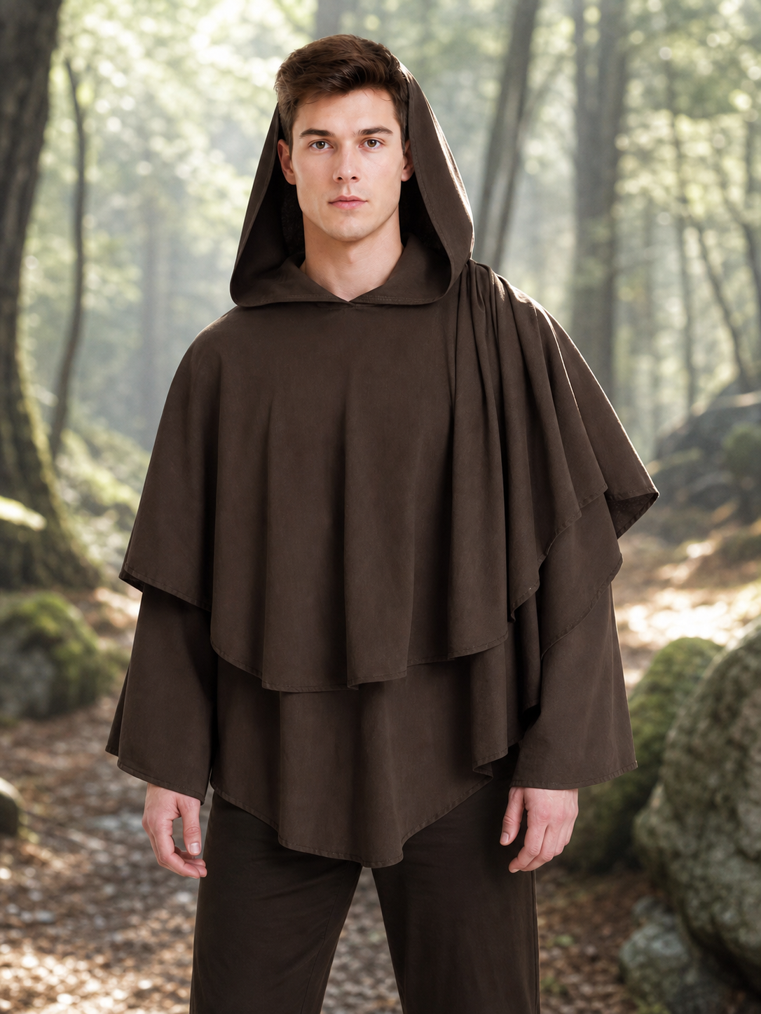 Women's Hooded Wanderer Cloak Costume with Layered Hem, Shoulder Draped Pleats lifestyle view