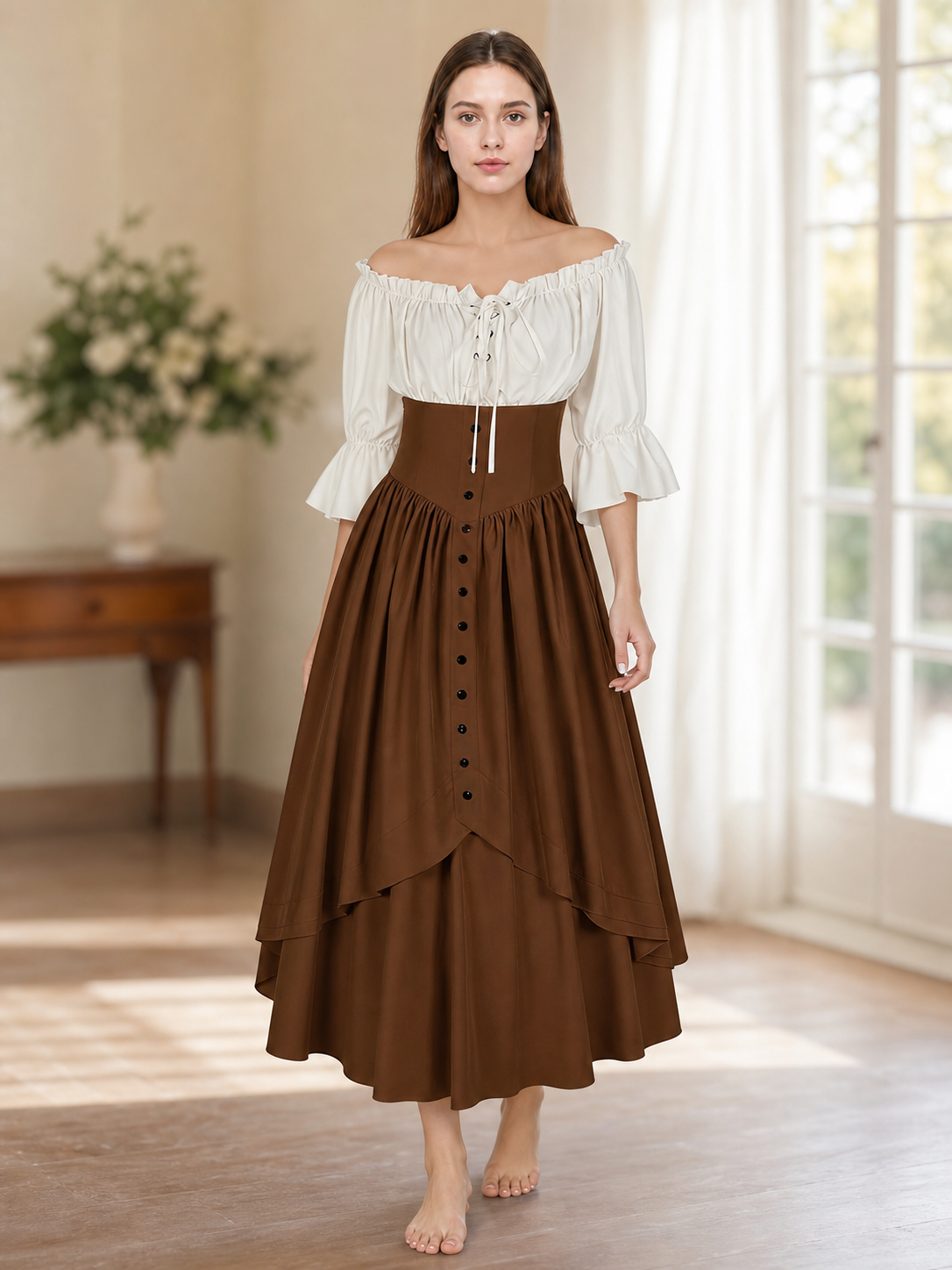 Brown Medieval-Style Dress with Ruffles
