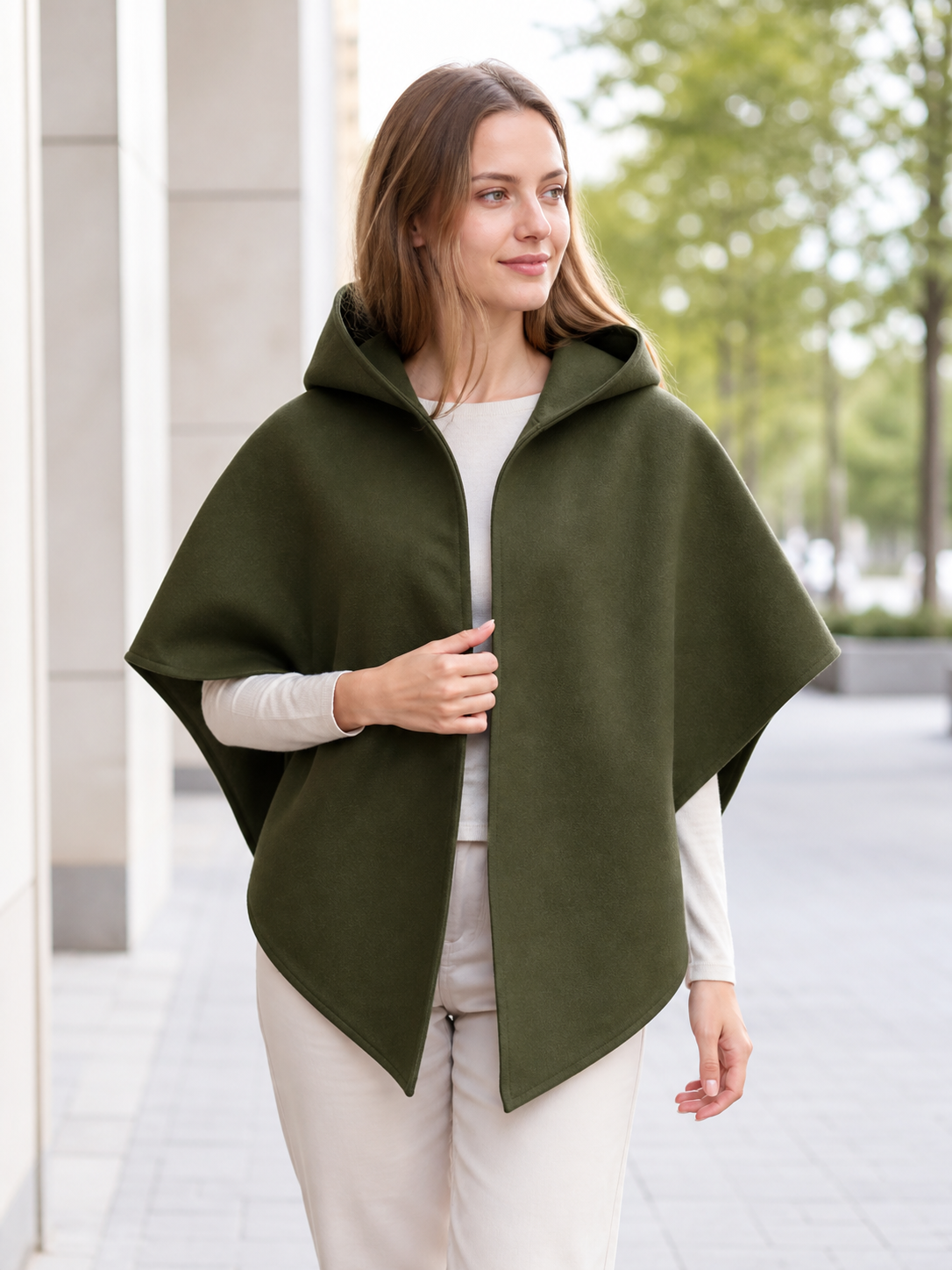 Triangular Hooded Cape, Olive Green