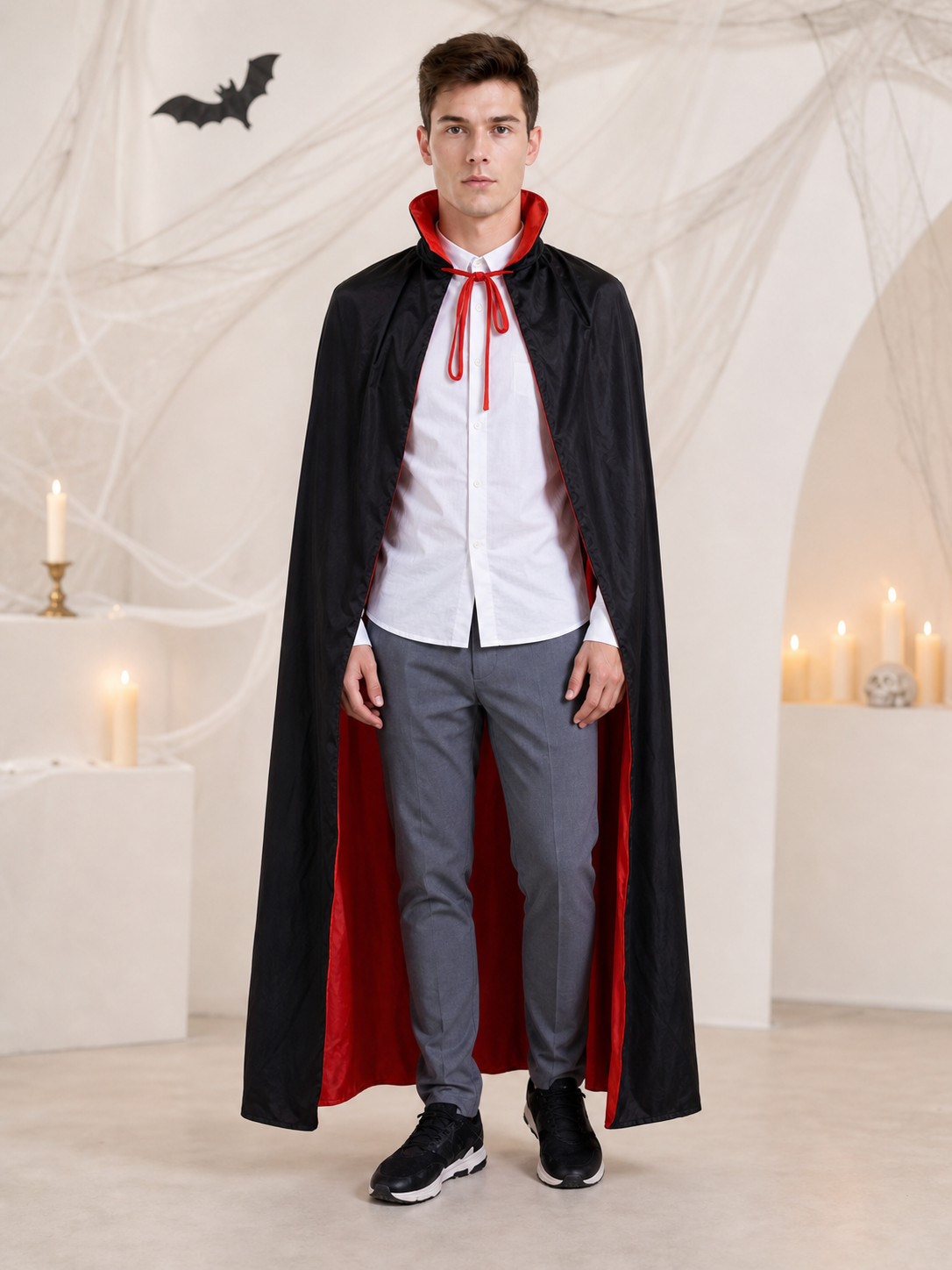 Black-and-Red Hooded Costume Cloak