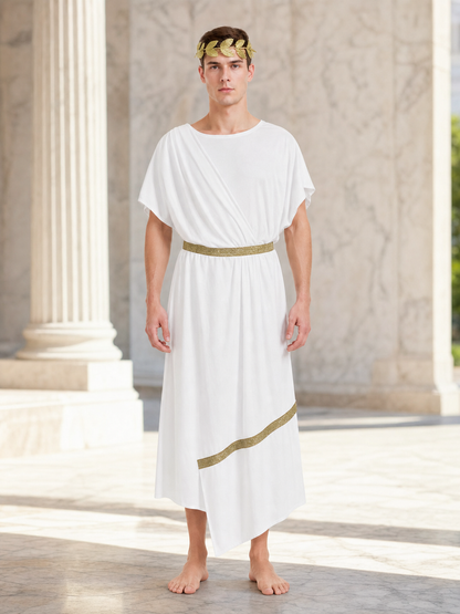 Adult Men's Ancient Greek Costume Set, 3pcs Draped Robe With Gold Trim, Waist Belt And Laurel Wreath For Cosplay Theme Parties
