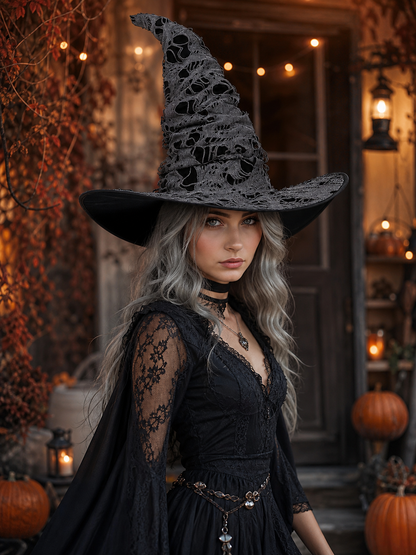 Dark Gray Halloween Witch Hat, Tall Crooked Pointed Hat With Distressed Shredded Texture, Wide Curved Brim For Costume Party Cosplay