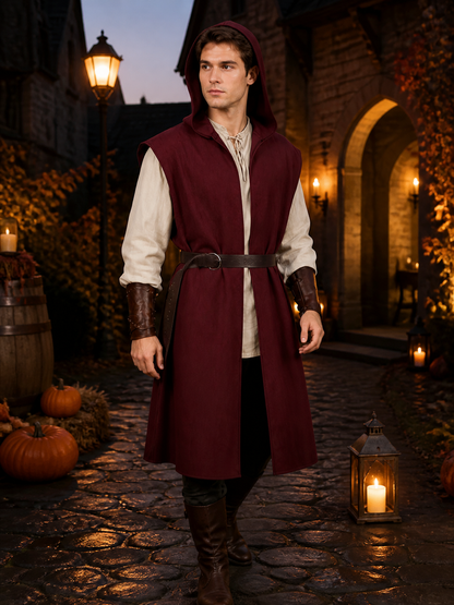 Adult Medieval Fantasy Hooded Cape, Wine Red Sleeveless Long Split-Hem Cloak lifestyle view 3