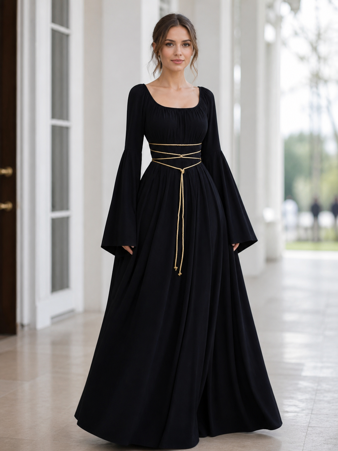 Elegant Floor-Length Dress with a Square Neckline and Flared Sleeves