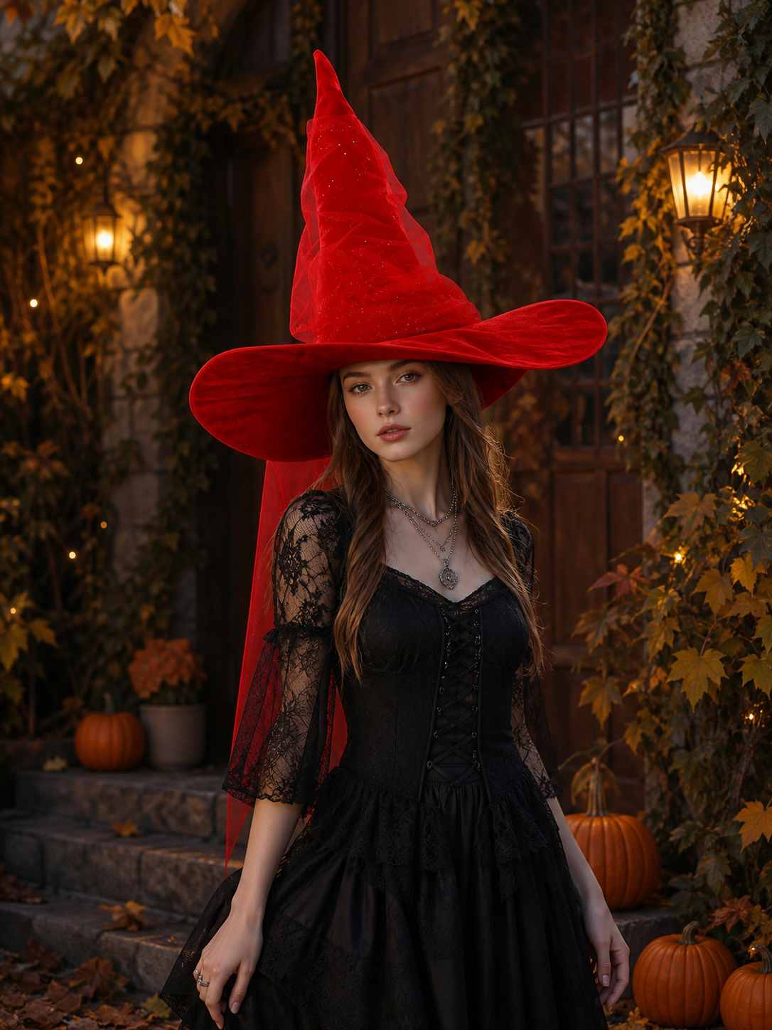 1pc Red Halloween Witch Hat with Very Tall Pointed Crown, Extra-Wide Floppy Brim and Sheer Glitter-Speckled Overlay for Cosplay Parties