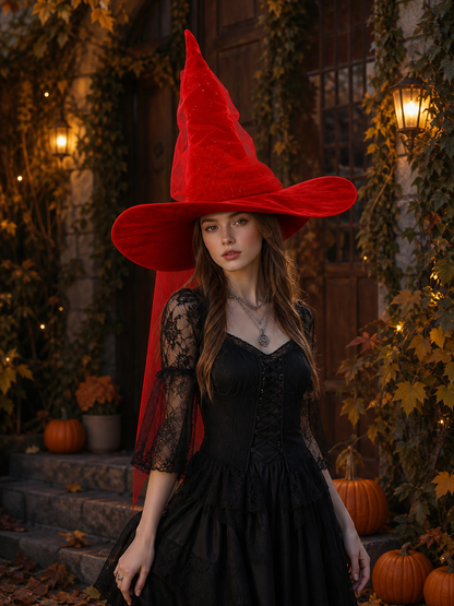 1pc Red Halloween Witch Hat with Very Tall Pointed Crown, Extra-Wide Floppy Brim and Sheer Glitter-Speckled Overlay for Cosplay Parties