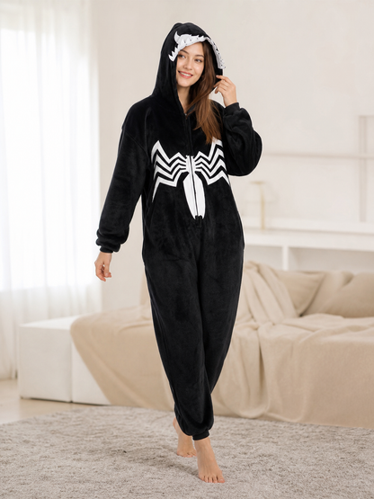 Hooded jumpsuit with zipper and spider print