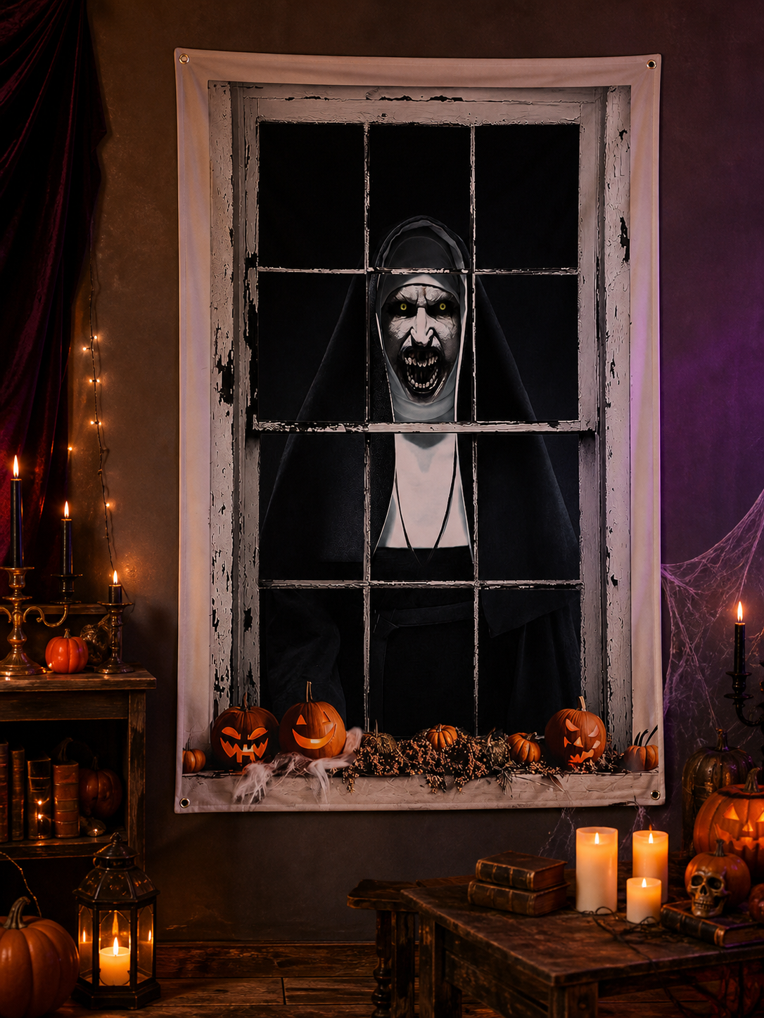 1pc Horror Nun Pattern Wall Cloth, Creepy Window Scene Backdrop Banner, Black lifestyle view 2
