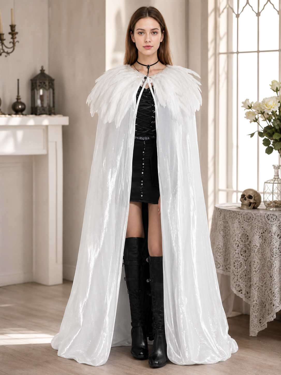 White Velvet Cape with Feather Trim, Maxi