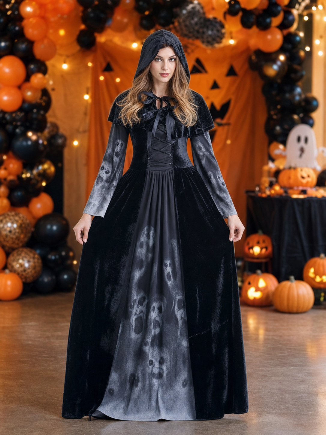 Halloween hooded skull print dress costume